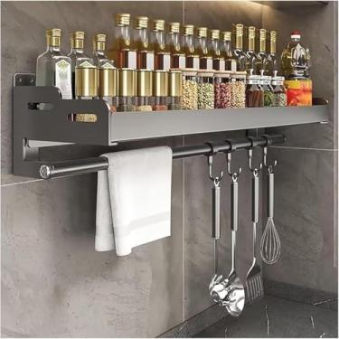 Imagem de Prateleira De Parede Itchen Com Suporte De Rolo E Hoos, Spice Rac, Sem Furação, Organizador De Aço Inoxidável Para Pendurar Especiarias E Utensílios, 60 Cm, Grey, 20CM