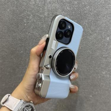 Imagem de MVVKKY Capa magnética espelhada retrô vintage com formato de câmera para iPhone 15, capa traseira à prova de choque (para iPhone 15/azul claro)