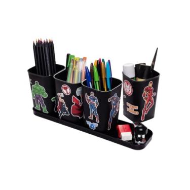 Imagem de Kit 5 Peças Porta Canetas/Lápis/Objetos com Bandeja Plasútil Organizador de Mesa Escolar Infantil (Vingadores)