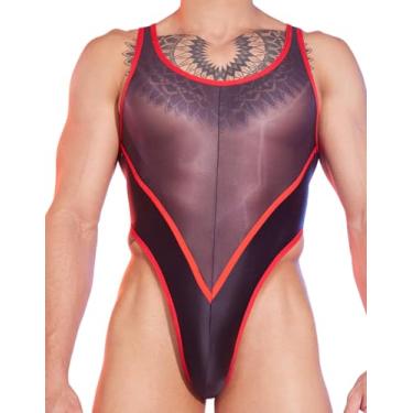 Imagem de Lingerie masculina sexy com fecho na virilha tanga de corte alto tamanho único roupa rave brilhante gola em U transparente terno muscular vermelho