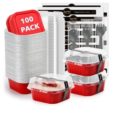 Imagem de Ruckae Mini formas quadradas de 142 g, 100 peças, com tampas, recipientes de sobremesa descartáveis, mini formas de bolo com tampas, copos de sobremesa de alumínio para festas e casamentos (vermelho