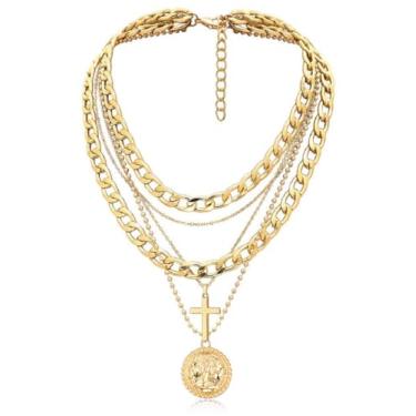 Imagem de Colares femininos em camadas douradas com pingente de moeda retrô e delicada corrente grossa para joias e presentes de aniversário, One Size, Cobre, Sem Pedra Preciosa