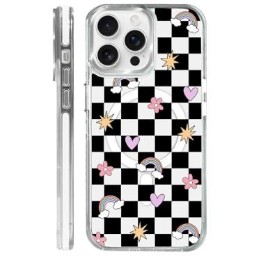 Imagem de OKBUOK Capa para iPhone 16 Pro Max [compatível com Magsafe], capa magnética transparente de silicone à prova de choque com padrão de flores quadriculadas