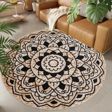 Imagem de Lacomfy Tapete abstrato Boho - Tapete floral redondo de 1,2 m, tapete circular para sala de estar, antiderrapante, vintage, impresso em juta, retrô, tapete lavável para cozinha, sala de jantar, flor