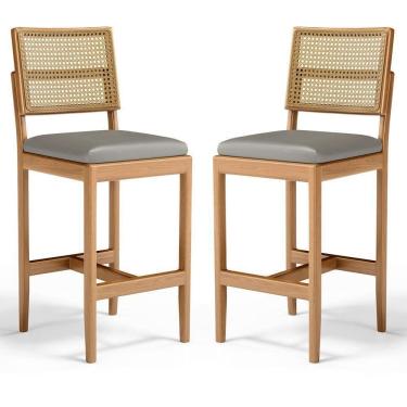 Imagem de Kit Com 2 Banqueta Milena Madeira Maciça Assento Estofado Encosto De Tela Palha Sextavada Veludo Chumbo 109