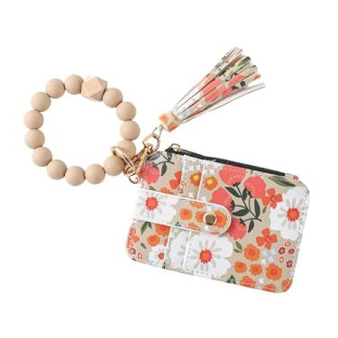 Imagem de Carteira feminina Boho com contas de pulso – Porta-cartões com estampa floral com borla, pulseira de contas de silicone, porta-chaves com zíper e porta-moedas para identidade para mulheres, Caqui