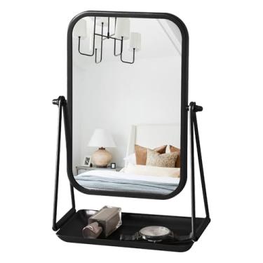 Imagem de Gosider Espelho pequeno para mesa de mesa preto emoldurado de metal independente espelhos de vaidade com armazenamento de rotação de 360° espelho de bancada espelhos de maquiagem portáteis para vestir