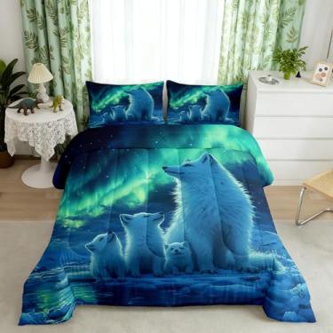 Imagem de Conjunto de edredom infantil para a família Raposa da Neve, tamanho casal, animais misteriosos, aurora, ártico, animais, safári de inverno, para decoração de quarto, neon aurora, com 2 fronhas