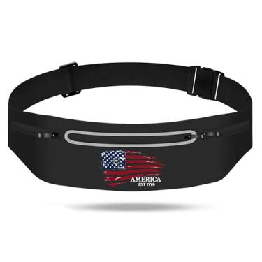 Imagem de Bolsa de cintura fina para corrida com bandeira americana, pochete de corrida preta para mulheres com absorção de umidade, bolsa de cinto esportiva, ajustável, leve e reflexiva, suporte de telefone