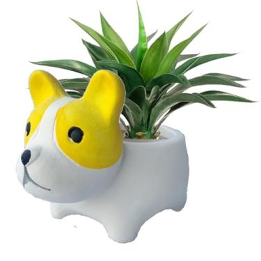 Imagem de WENDIN Lindo vaso de cerâmica para suculentas, pequeno vaso interno em forma de animal, lindos vasos de flores de cacto com drenagem para mesa de escritório e decoração de jardim doméstico (Cão