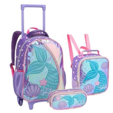 Imagem de Kit Mochila Com Rodinhas Estojo Lancheira Feminina Infantil - DENLEX