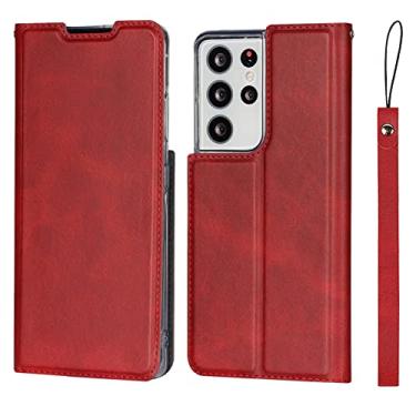 Imagem de Capa carteira para Samsung Galaxy S21/S21 Plus/S21 Ultra, capa magnética flip de couro com alça de pulso e compartimento para cartão com proteção de TPU absorvente de choque, vermelha, S21 Ultra 6,8 polegadas