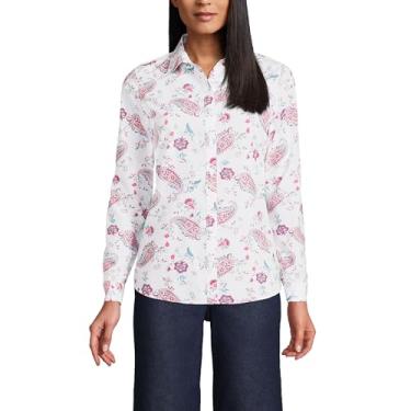Imagem de Lands' End Camiseta feminina plus size de algodão Supima sem ferro de manga comprida, Floral Paisley branco, 8 Petite
