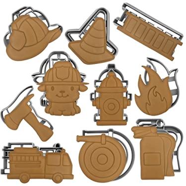 Imagem de Moose Goods Cortadores de biscoito de bombeiro para assar – Conjunto de 10 cortadores de biscoito com carimbo de caminhão de bombeiros, capacete, extintor de incêndio, hidrante, machado, cachorro,