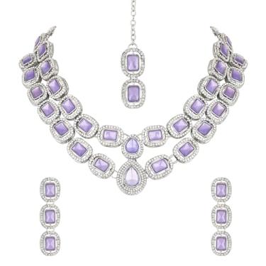 Imagem de Colar de gargantilha de pedra Bollywood indiano banhado a prata com brinco e conjunto Maang Tikka para mulheres (IJ380Z), Pedra, Sem Pedra Preciosa