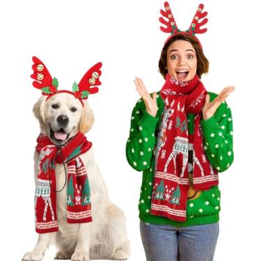 Imagem de Cozypower 4 peças combinando para cães e donos roupas de Natal para cães, renas de alce, chifres de alce, faixa de cabeça para cães e donos, bandanas combinando, cachecol para cães pequenos, médios e