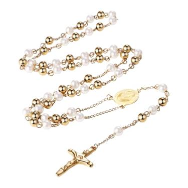 Imagem de Colar de cruz com contas de rosário religioso: colar em Y de pérola de aço inoxidável com contas cristãs e virgens maria joias presentes para mulheres e homens, Aço inoxidável, Sem Pedra Preciosa