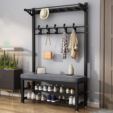 Imagem de Cabideiro, árvore de corredor com banco de sapatos para entrada, com banco de armazenamento de sapatos 3 em 1 sapateira de diferentes alturas, banco de entrada com cabide, móveis de madeira com