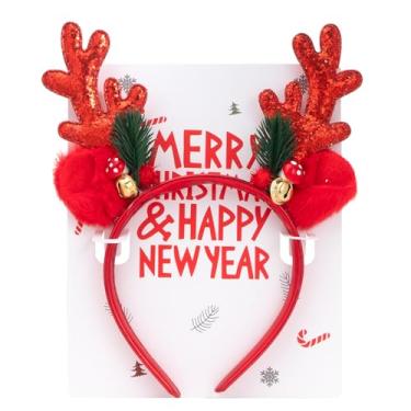 Imagem de BLAAROOM Tiara de Natal com chifres de rena para mulheres, meninas, com glitter, orelhas de chifres de alce, com sinos, decorações de Natal - Vermelho