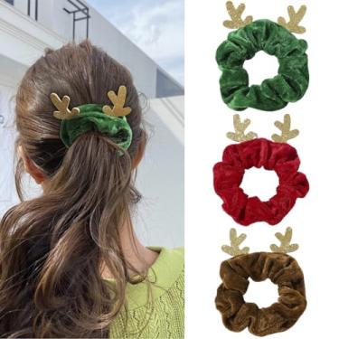 Imagem de 3 peças elásticos de cabelo de seda de Natal elásticos com chifres de alce de Natal elásticos macios elásticos vermelhos e verdes prendedores de rabo de cavalo para mulheres e meninas