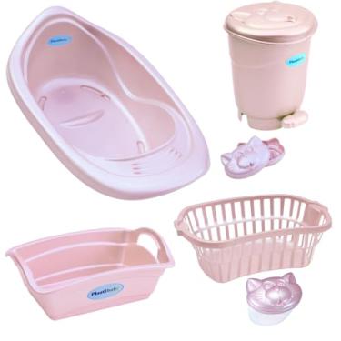 Imagem de Kit 6 pçs Bebe Banheira Cesto Organizador Saboneteira Porta-Algodão Lixeira (Rosa Perolado)