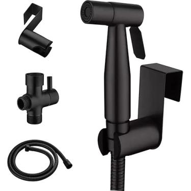 Imagem de Deals & Fixtures Pulverizador portátil para bidê de vaso sanitário para controle de pressão de água ajustável com mangueira de bidê para lavagem feminina, aço inoxidável (preto fosco)