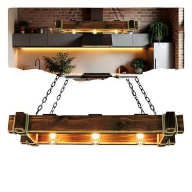 Imagem de Luminária Pendente Caibro Madeira Escura 3 Lâmpadas E27 Estilo Rústico Industrial com Corrente e Corda Sisal Iluminação Decorativa para Sala Varanda Churrasqueira Cozinha Ambientes Internos Charmosos