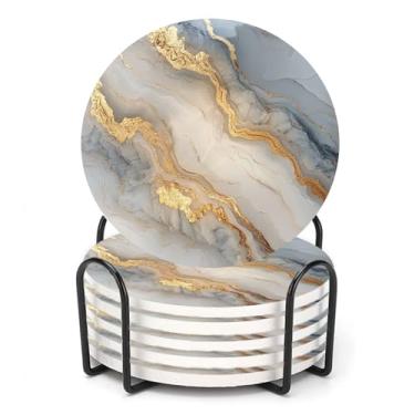 Imagem de ubcindy Conjunto de 6 porta-copos de mármore natural cinza dourado para bebidas, porta-copos redondos de pedra cerâmica absorvente com suporte de metal, porta-copos com base de cortiça para mesa de