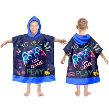 Imagem de Toalhas de praia com capuz para crianças de 2 a 6 anos, lindo tema gamepad para meninos, saída de banho para banheiro, 56 x 66 cm, poncho de toalha de banho azul escuro de secagem rápida, perfeito