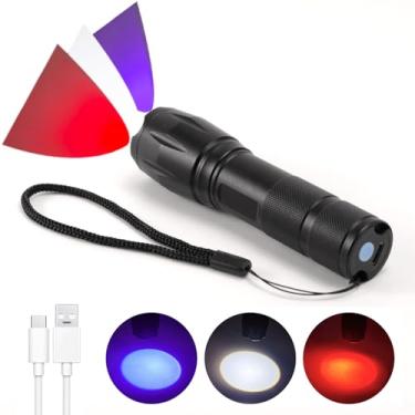 Imagem de Lanterna LED recarregável 3 em 1, pequena lanterna de LED com função de memória, lente vermelha com zoom superbrilhante, luzes pretas de 395 NM, lanternas com carregamento USB C para acampamento