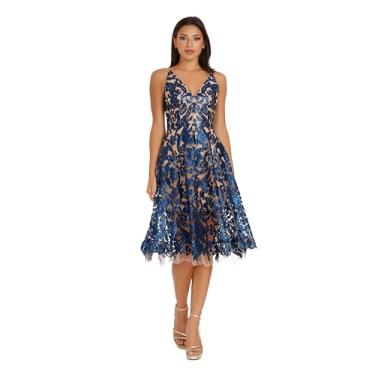 Imagem de Dress the Population Vestido midi feminino Blair com caimento profundo e flare, Azul-marinho/nude, XPP