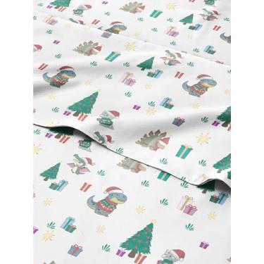 Imagem de Jogo de lençol solteiro GG de dinossauros de Natal - Jogo de cama com estampa de Natal - Bolsos profundos - Ajuste confortável - 3 peças - sem rugas e aconchegantes - Inverno festivo confortável