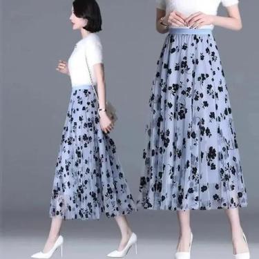 Imagem de Saia De Gaze Plissada Floral De Cintura Alta, Linha A, Longa, Estilo F