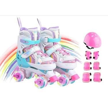 Imagem de Patins 4 Rodas Roller Com Ajuste e Kit de Proteção Lindo Arco-íris (Arco-Iris Rosa, M - 32 a 35)
