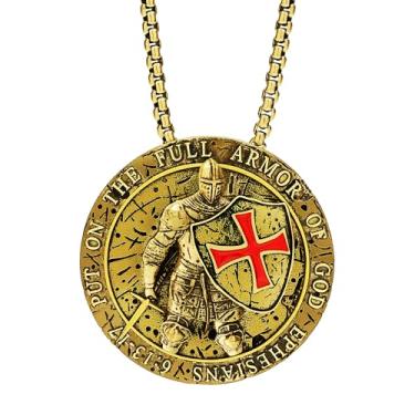 Imagem de Yumikoo Colar Templário Bronzy Put on the Full Armor of God Efésios 6:13-17 com cruz vermelha, joias religiosas, pingente de escudo de cavaleiros medievais, standard, Metal, Sem Pedra Preciosa
