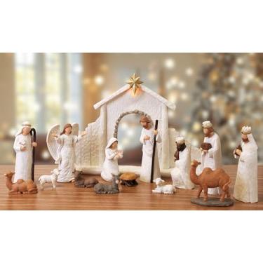 Imagem de Aneco Conjunto clássico de presépio de Natal com 15 peças, estatueta de manjedoura estável, decoração de resina, cenário de mesa de Natal, pastores, animais e anjos para decoração de Natal em