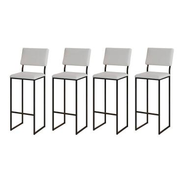 Imagem de Kit 4 Banquetas com Encosto Industrial e Moderna Nina Preto e Corino Branco