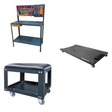 Imagem de Conjunto Bancada com Acessórios 1 Carro em Chapa de Aço 1 Banco de Oficina Presto Preto