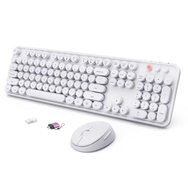 Imagem de Combo de teclado e mouse sem fio, teclado ergonômico, tamanho completo, retrô, redondo, compatível com Windows, PC, Perfer para teclados domésticos e de escritório (branco)