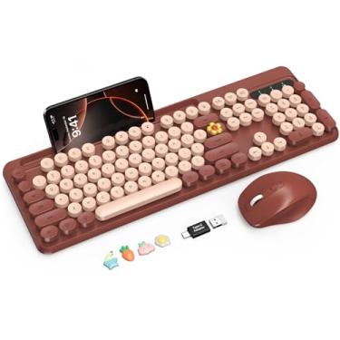 Imagem de Combo de teclado e mouse sem fio, teclas redondas retrô, teclado de máquina de escrever elegante de tamanho completo com suporte para telefone/tablet, conexão de 2,4 GHz para Mac/Windows/PC (bordô)
