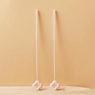 Imagem de 2 peças de escova de silicone de aço inoxidável para limpeza de cachimbo longa, escova de limpeza de canudo para copo, copo com bico, garrafa e tubo, kit de escova de limpeza de canudo rosa *2