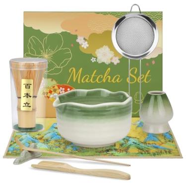 Imagem de Conjunto de 8 peças de batedor matcha, kit de cerâmica matcha, ferramentas de cerimônia de chá japonesa com tigela matcha, colher, batedor de bambu, suporte, peneira, pano de chá, colher e suporte