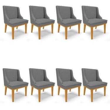 Imagem de Kit 8 Cadeiras Estofadas Para Sala De Jantar Base Fixa De Madeira Castanho Lia Veludo Grafite - Ibiza