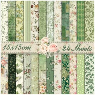 Imagem de ZAKHSE Papel para álbum de recortes, 15 x 15 cm, 24 folhas, estampa floral dupla face, cartolina verde, 24 padrões, bloco de papel decorativo de 160 g/m² para fazer cartões, diário de lixo, fundo de