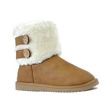 Imagem de Bota feminina de poliuretano com botão de pele sintética, botas clássicas de inverno com sola de borracha, Camel (Two Button), 8