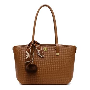 Imagem de ALWY Bolsa Feminina Ombro Couro Sintético Social Elegante Lenço e Pom Pom, Bolsa Madame, Elegante, Sofisticada, Modelo 2026 (Marrom)