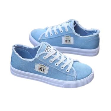 Imagem de UNMULFC Tênis feminino de lona Y2K tênis de caminhada feminino plataforma estilo grosso verão casual esportes, Azul, 37