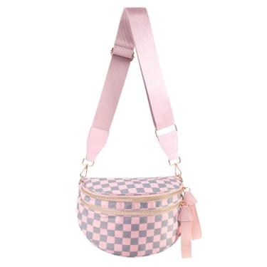 Imagem de Espaçosa bolsa transversal de nylon quadriculada bolsas de mão xadrez carteiras femininas, Xadrez rosa e cinza