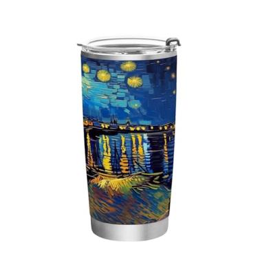 Imagem de Blueangle Copo de 590 ml com tampa e canudo, copo de café com água isolada a vácuo de aço inoxidável, caneca de viagem com pintura noturna estrelada, copo térmico para bebidas quentes e frias (491)