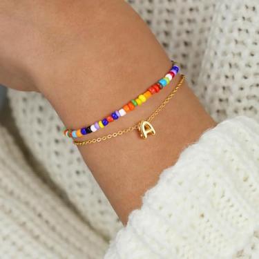 Imagem de Pulseiras femininas delicadas banhadas a ouro 14 quilates em camadas coloridas com contas A-Z, corrente ajustável empilhável, joias fofas, presentes de aniversário personalizados para sua filha, irmã